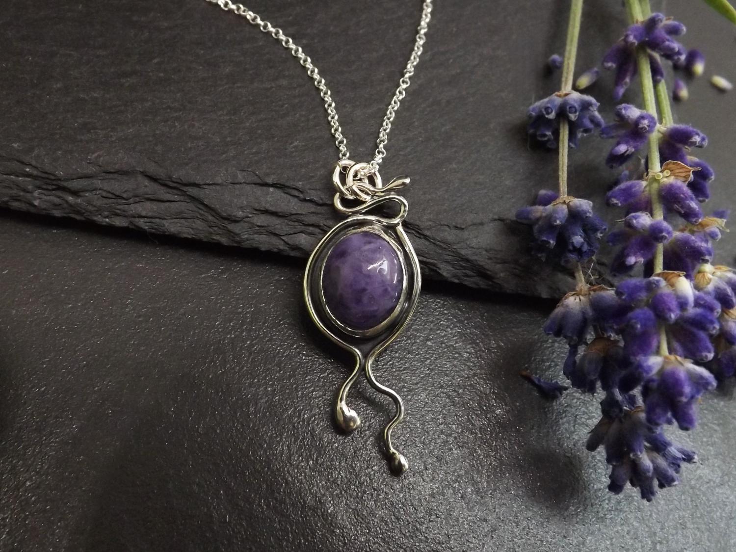 Purple Charoite Asymmetric Silver Pendant Necklace